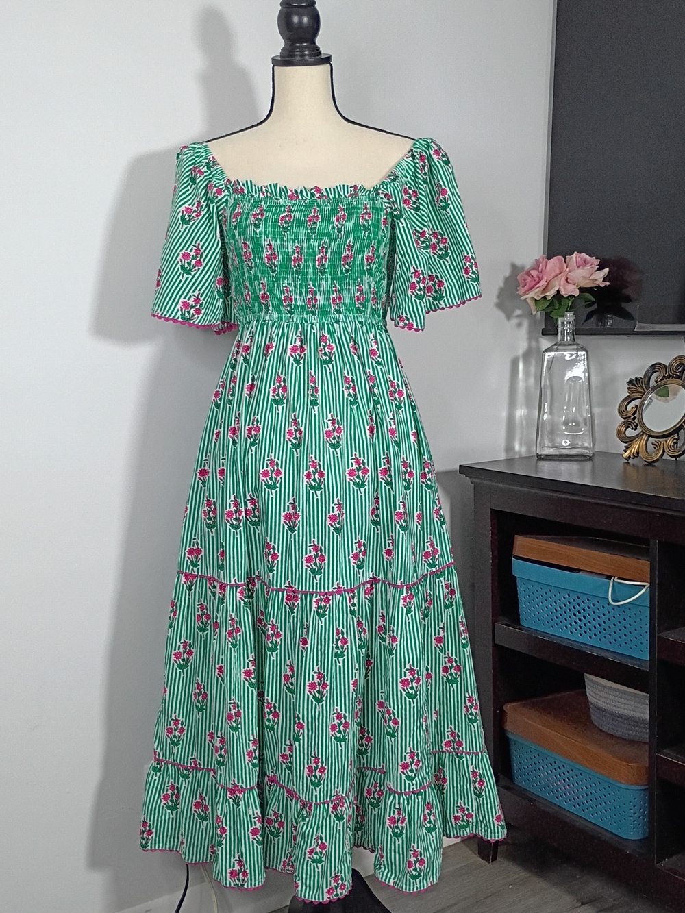 Pink City Prints Smocked Green and Pink Floral Stripe Maxi Peasant Dress
